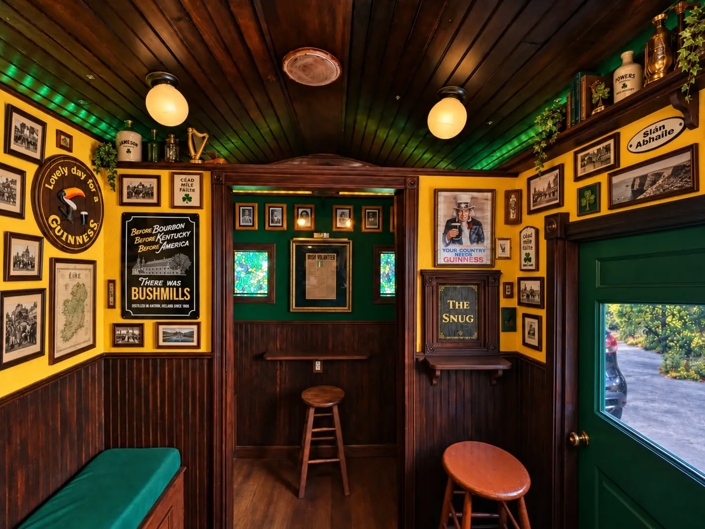 The snug doorway inside The Síbín, with framed Irish history and a Guinness sign on the yellow walls